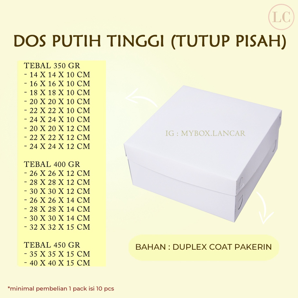 

(10 LEMBAR) BOX TART PUTIH 28 X 28 X 14 CM, DUS TART PUTIH TUTUP PISAH , KEMASAN TAR KUE