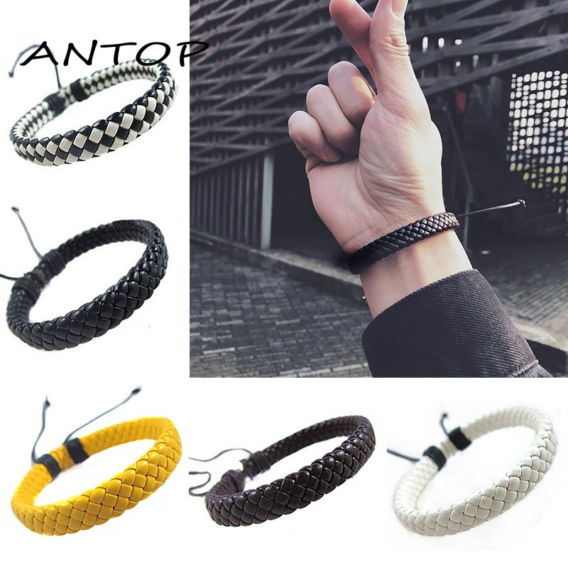 Gelang Pria Tenun Tangan Kulit Bangle Perhiasan Yang Dapat Disesuaikan ANTOP