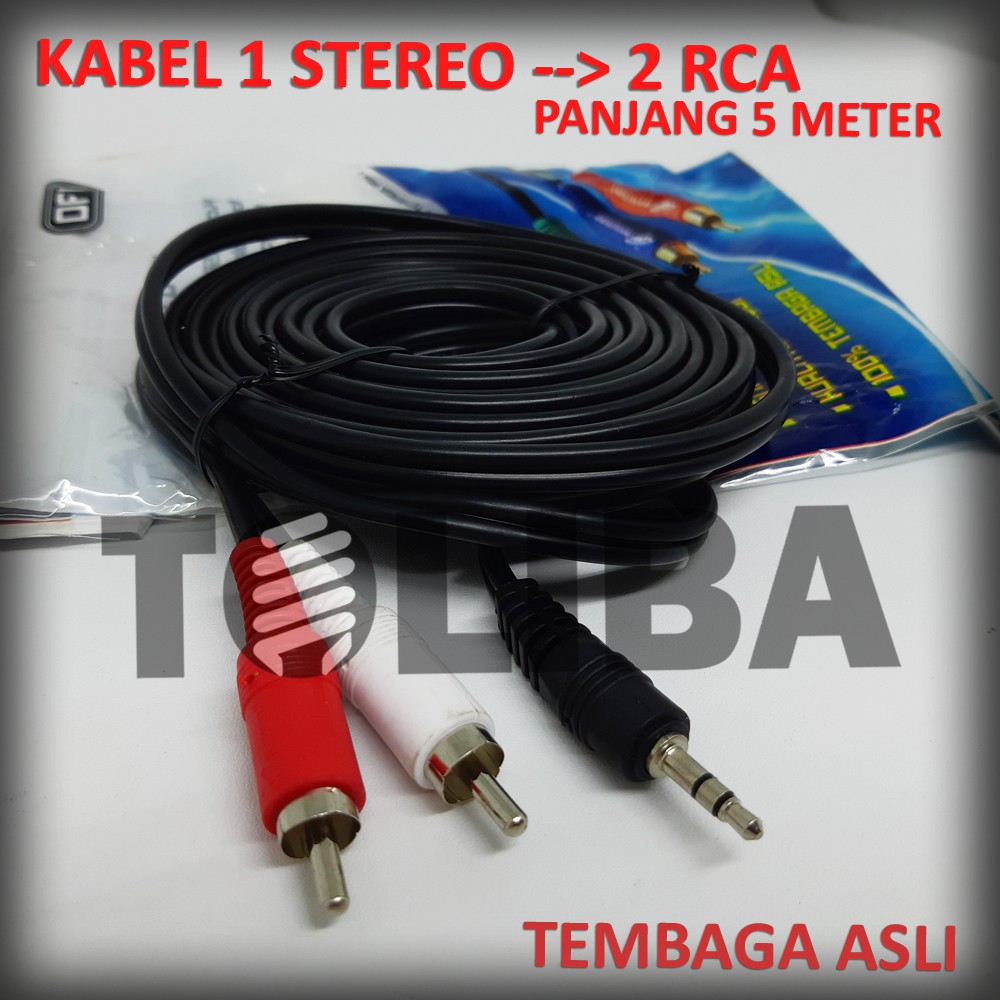 kabel audio 1-2 jack aux stereo 3,5mm hp laptop ke rca 2 way tembaga 5 meter 5m