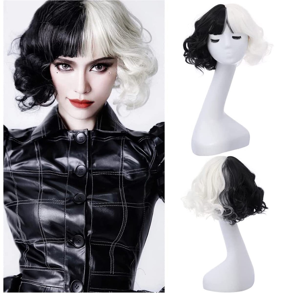 Wig  dan Amerika yin yang kepala hitam putih Kuila Cruella de Vil rambut keriting pendek cosPlay spo