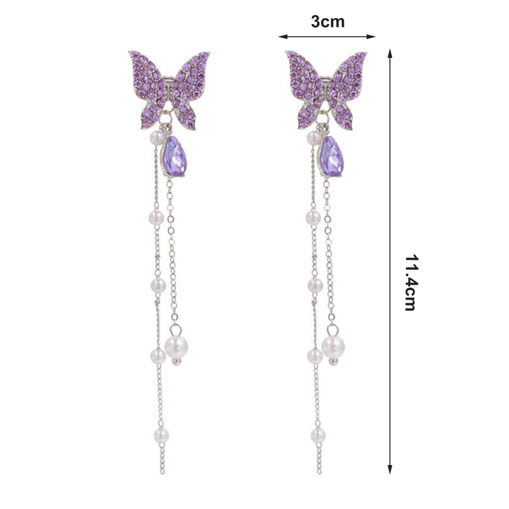 Hu Hu Hu Hu Hu Alat Bantu Pasang Kacamata♡ 1 Pasang Anting Stud Rantai Rumbai Kupu-Kupu Aksen Mutiara Berlian Imitasi Kilau Untuk Wanita