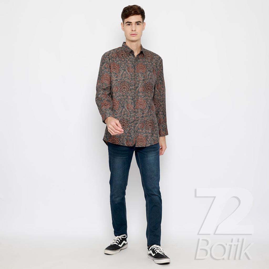 BATIK PRIA LENGAN PANJANG Kemeja Hem Slimfit Premium Motif Puspo Sari Warna Abu Grey 721027 CAP 72 - Baju Kemeja Atasan Pakaian Setelan Batik Pria Cowok Laki Laki Remaja Keluarga Kantor Lengan Panjang Modern Slimfit Slim Fit Premium Kekinian