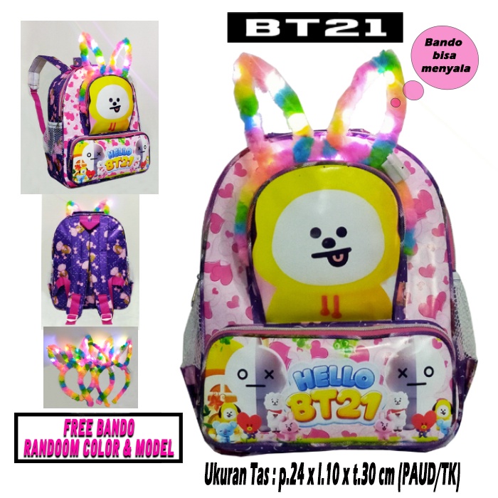 TAS RANSEL Anak Perempuan Mini PAUD / TK karakter BT21 FREE BANDO LAMPU !!!  tas sekolah / tas ranse