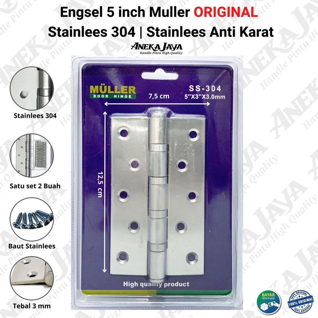 Engsel 3 inch , 4 inch , 5 inch Muller Stainlees 304 ORIGINAL /Engsel stainlees 304 tebal anti karat Awet / Engsel Pintu Jendela rumah