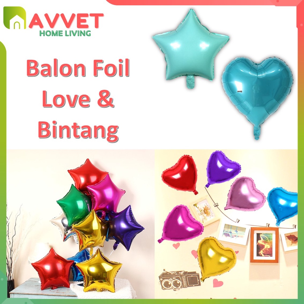 AVVET Balon Foil Love Star Wajik Balon Foil Bentuk Bintang Dan Hati Balon Foil 9,5 inch / 25 cm Balon Pesta Balon Dekorasi Satuan Murah