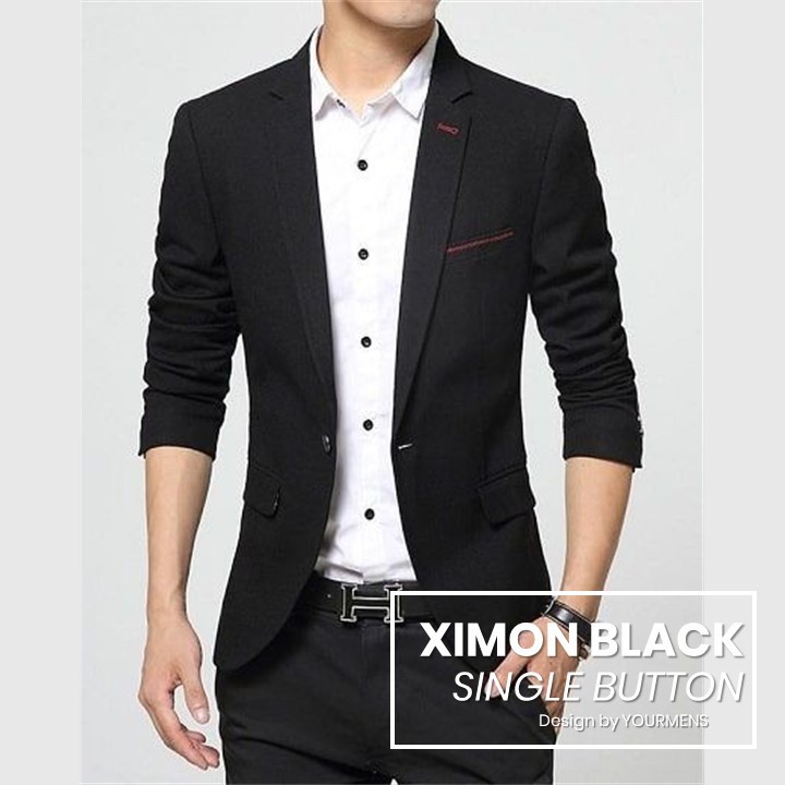 SEMI BLAZER FORMAL PRIA TWIST BLACK XIMON LIST MERAH DI SAKU SINGLE BUTTON SLIMFIT ORIGINAL NIKAYU (S,ML,XL) COD + REE ONGKIR