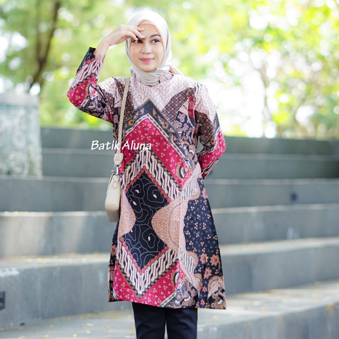 Baju Batik Wanita Lengan Panjang Modern Tunik Premium Bahan Katun Terbaru Kekinian Blouse Batik Modern Wanita Jumbo Atasan Batik Wanita Kantor Batik Cewek Modern Couple FASHION BATIK ALUNA