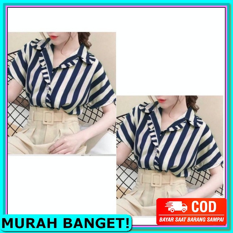 Kemeja Wanita Casual Lengan Pendek Import Korea Cewek Kmeja Terbaru Atasan Rempelina Navy Baju 0117