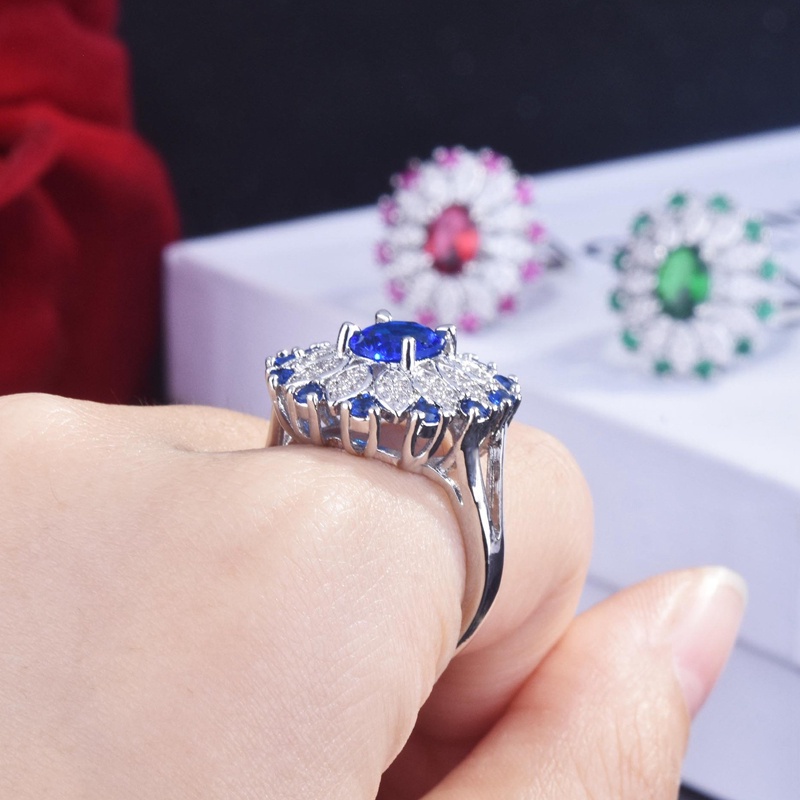 Fancyqube Cincin Model Terbuka Bentuk Bunga Oval Bahan Cubic Zirconia Biru Gaya Vintage Untuk Wanita