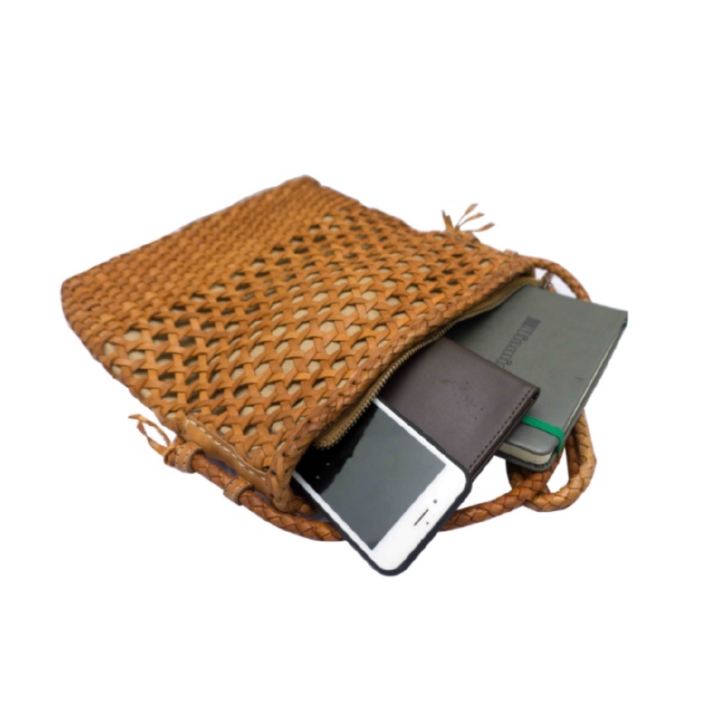 Woman Wicker Leather Bag Kerawang Crossbody Luxury Totebag - Camel by Alamanda Leather