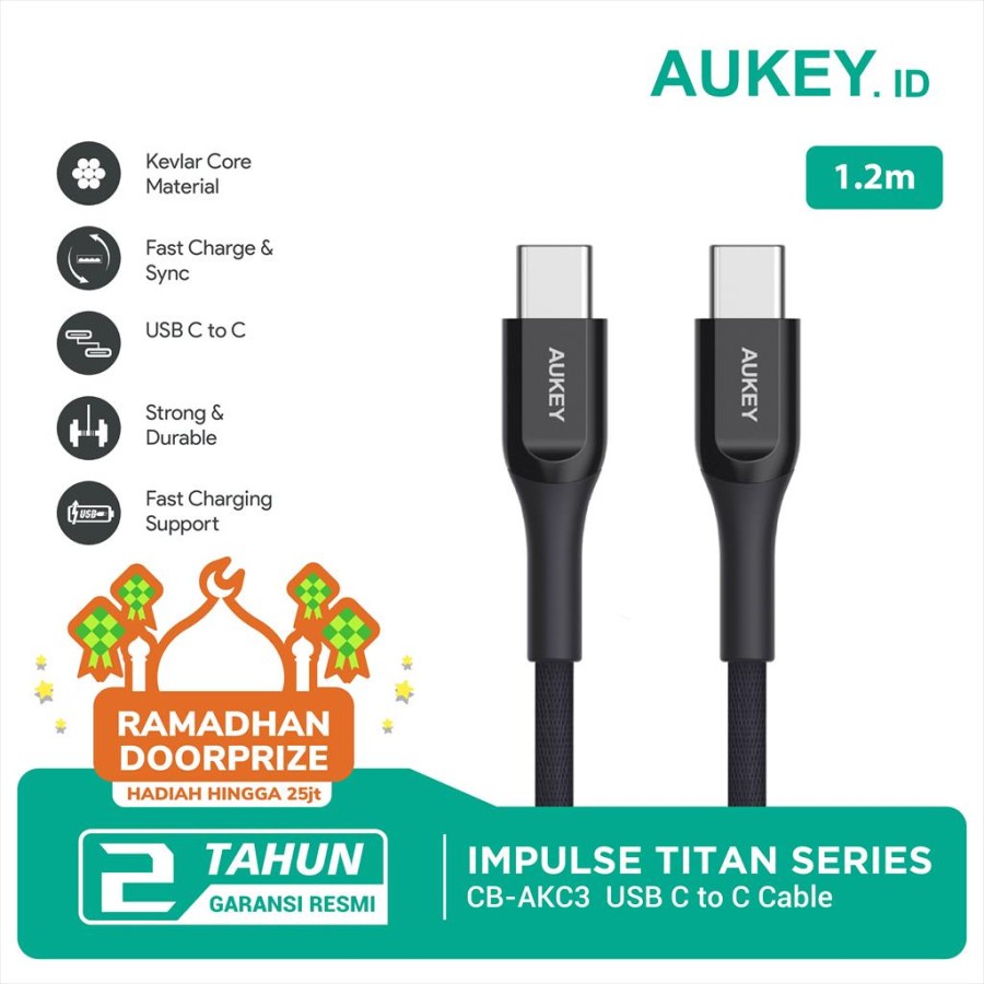 Aukey Cable CB-AKC3 USB-C to C 1.2m Kevlar Black - 500416