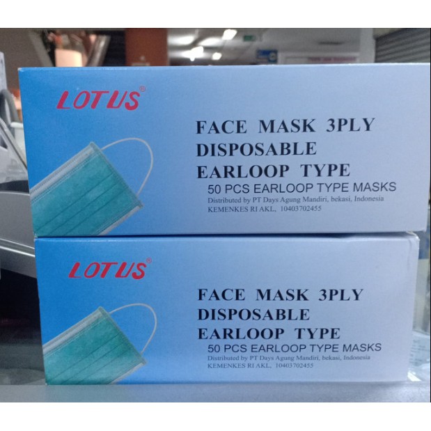 Lotus Face Disposable Mask 3Ply Masker Medis 50pcs Earloop Organic Pelindung Muka Murah 1 Box