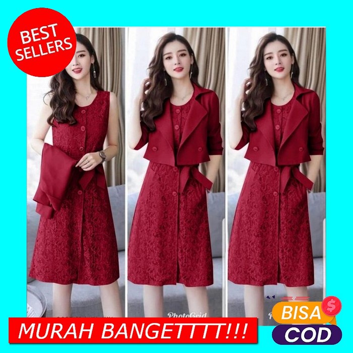 Dress Brokat Pesta Natal Wanita Kondangan Remaja Korea Party Kondangan Dress Rompi Indah Maroon [Dr