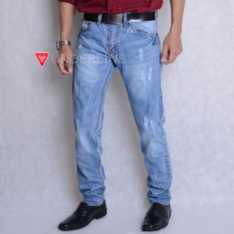 celana jeans reguler pria sobek laser / jeans reguler pria sobek laser / reguler original produk