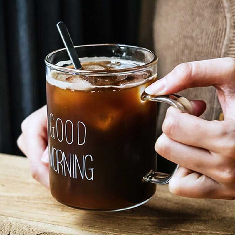 Gelas Cangkir Kopi Glass Coffee Mug Good Morning 400ml Transparant Gelas Minimalis Estetik Desain Kaca Unik