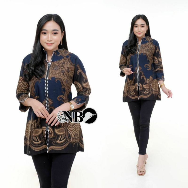tey-17 Batik wanita ASJ SA HRB026 Kenongo Kemeja Tosca Pendek-Wolak walik navy