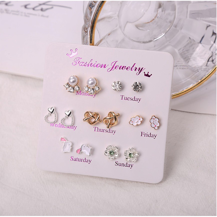 7 Pasang Anting Tindik Tusuk Set  #9 AWAN Satu Minggu Week Ins Gaya Korea Fashion Plug Earring