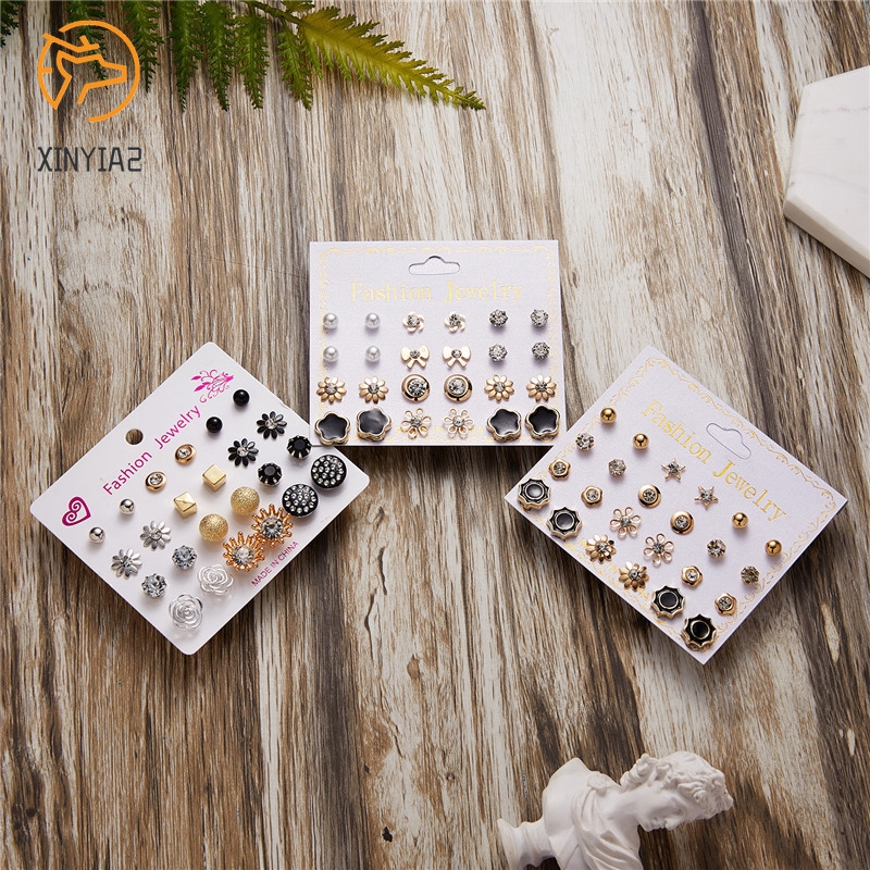 12 Pasang/Set Anting korea Tusuk Model Mutiara Intan Bentuk Bulat Gaya Korea Untuk Wanita Earrings piercing aksesoris wanita-2