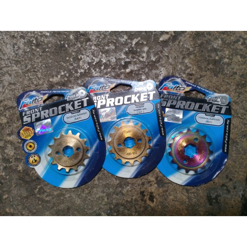 gear depan merk faito 415/14 415/15 428H/14/15 hardchrome/gold/rainbow PNP universal segala motor