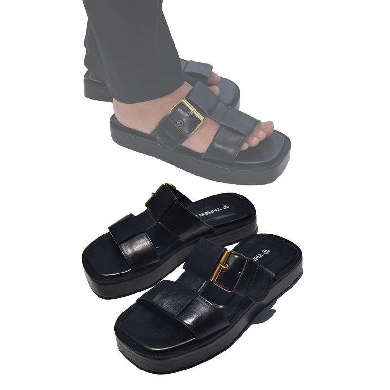 THREE BOX - Sandal Platform Slide Wanita Medium Jumbo - RHEA BLACK