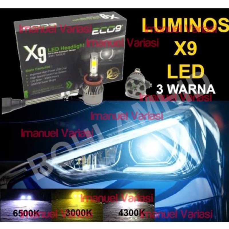 Led Mobil Luminos ECO9 X9 H4 Hi/Lo 30W 3Warna Bohlam Headlamp Foglamp H4 Led