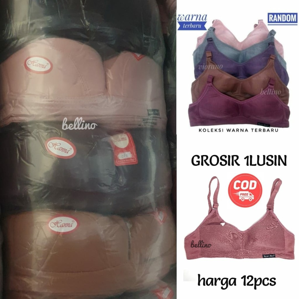Grosir 12pcs Bh Wanita Sport Bra hanna Polos Bh Brokat Tanpa Kawat Lusinan  Size 34 / 40 Tanpa Kawat