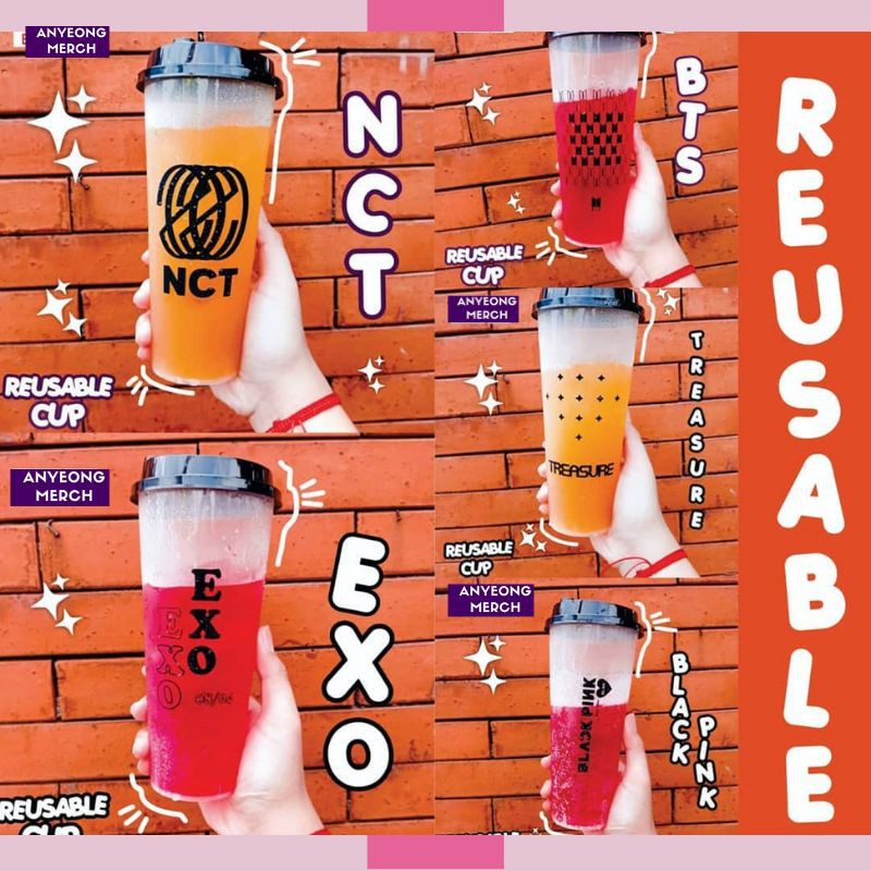 REUSABLE CUP BTS NCT EXO BLACKPINK TREASURE + SEDOTAN STAINLESS 700ML GELAS PLASTIK CUP KPOP