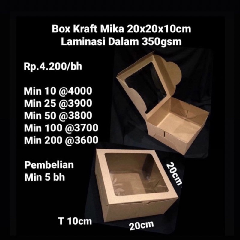 

Box Kraft Mika 20x20x10cm Laminasi Dalam 350gsm