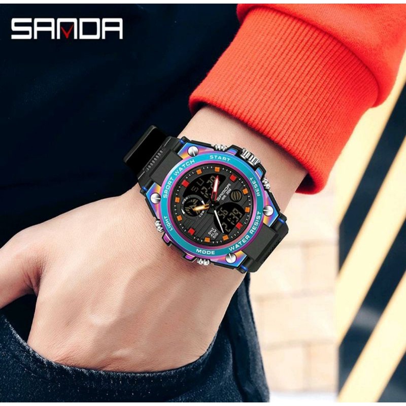 Jam Tangan Sanda Jam Tangan Kombinasi Warna Outdoor Jam Tangan Rantai Dualtime