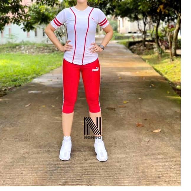 ♜ Setelan Baju Senam Olahraga Baseball Putih Merah / Baju Senam Aerobik Fitness Zumba Cycling Runnin
