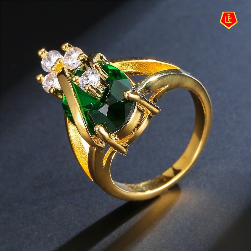 [Ready Stock]18K Gold Luxury Diamond Emerald Ring