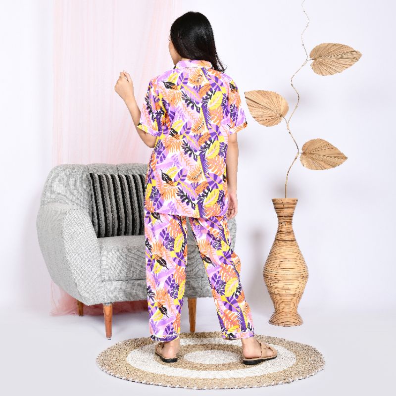 Baju Tidur Piyama Wanita Dewasa Motif Daun Janbol CP Lengan Pendek Celana Panjang Kekinian