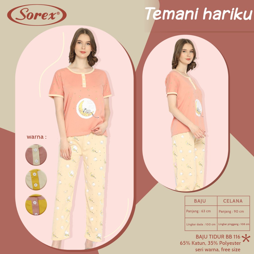 Sorex Baju Tidur 1 Set Atasan Pendek Kancing + Celana Panjang Katun Adem Piyama Freesize  BB 116-1