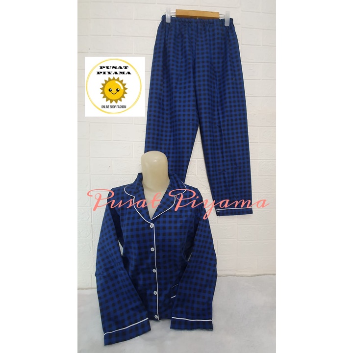 Setelan Lengan Pendek Piyama Baju Tidur Wanita Guilen Kotak Pajamas Cewek Dewasa Kekinian Abg-L Lumina PanjangBIRU