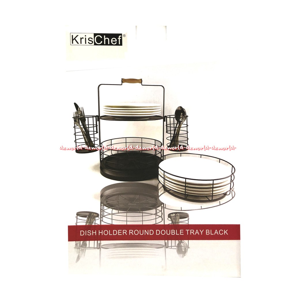 Krischef Dish Holder Round Double Tray Black Tempat Rak Piring Portable Mudah Dibawa Dipindahkan