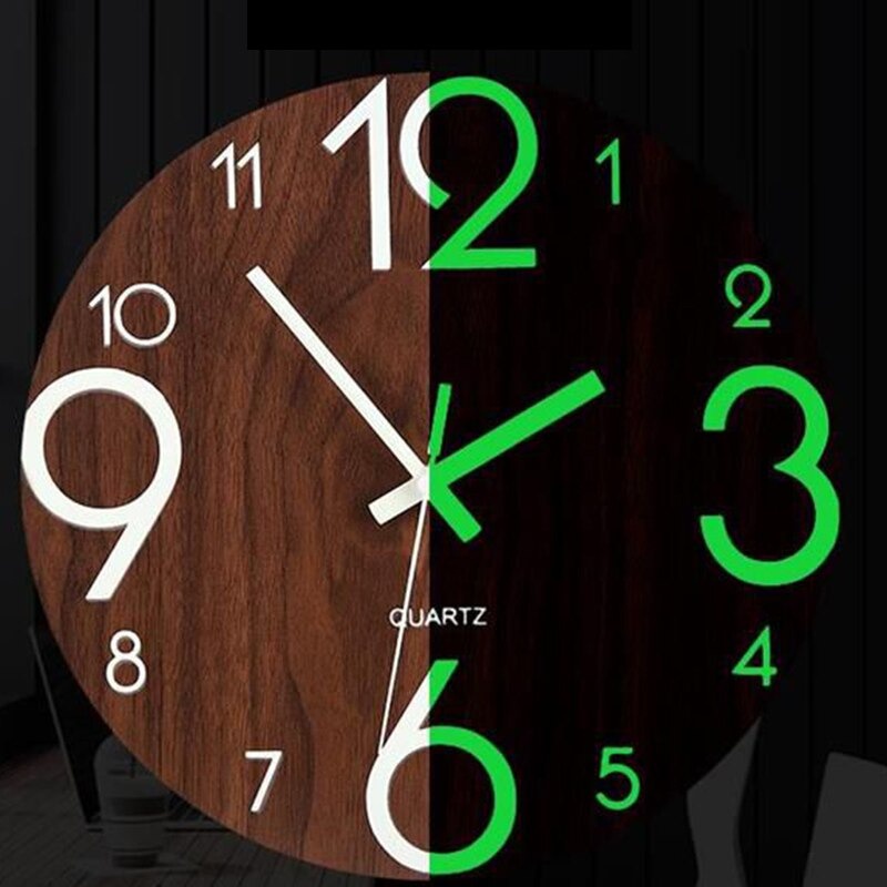 GS8u Luminova Jam Dinding Bulat Quartz Creative Design Luminous Glow In The Dark 30cm - Mdb3 - Wooden Or-i