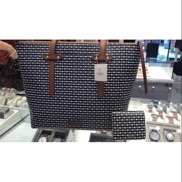 fossil felicity tote + mini wallet black stripe