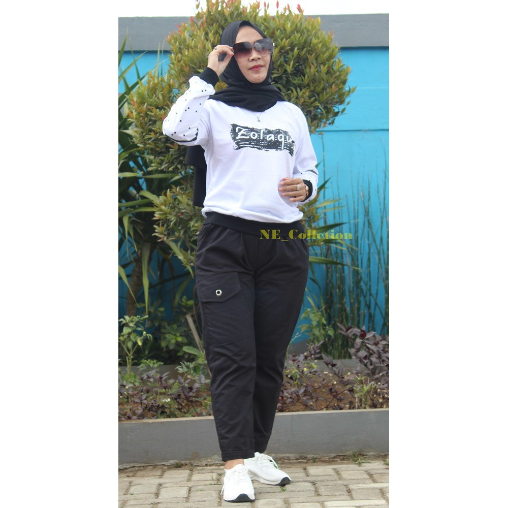 BIG SIZE Setelan Wanita Kaos Zolaqu Putih dan Celana Cargo Hitam Pakaian Wanita Trendy