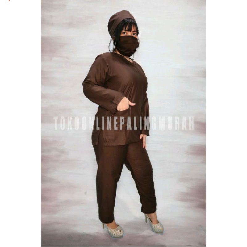 BAJU CELANA JAGA OKA OK PERAWAT/DOKTER LENGAN PENDEK BAHAN TOYOBO PREMIUM WARNA COKLAT TUA