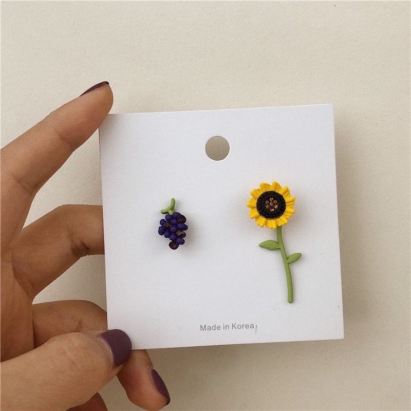 Korean Style Crystal Sun Flower Strawberry Grape Asymmetric Earrings Sweet Girls Fruit Stud Earrings