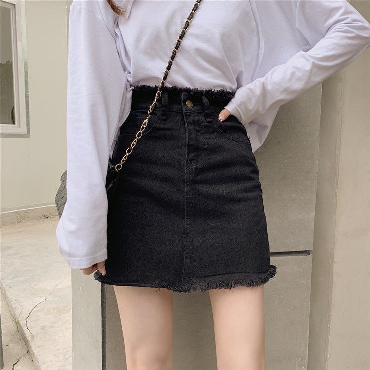 Rok Denim Rok Jeans Rok Pendek Fshion Wanita Pinggang Tinggi Skirt Korean Style Rok Vintage Simple(realpict)