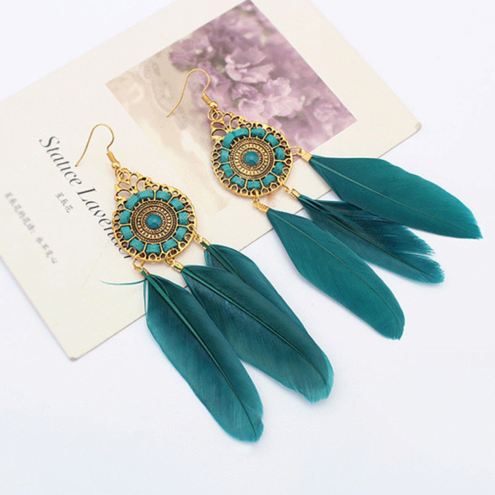 [Bayar Di Tempat]fashionBohemia Panjang Feather ed Round Hook Earrings Menjuntai Charm