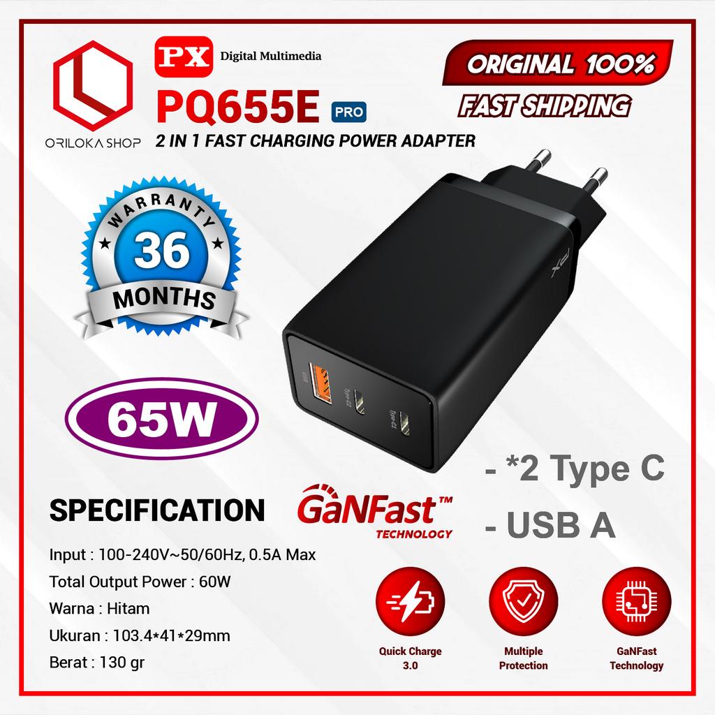 Kepala Charger Adaptor Fast Charging Type C+USB A 65W / PX PQ655E - Garansi Resmi