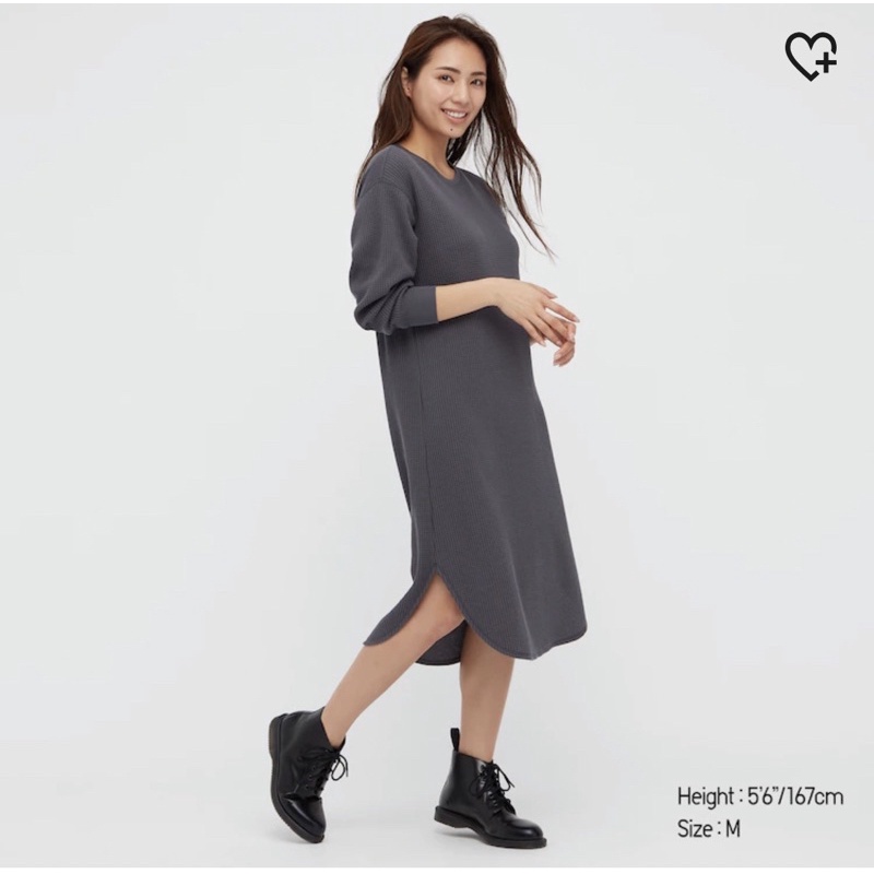 UNIQLO Waffle Crew Neck Lengan Panjang Grey | Uniqlo Lengan Panjang | Uniqlo Dress Wanita | Uniqlo S