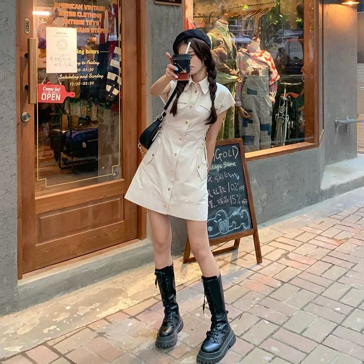 [littlecrab] Dress Wanita Cream Berkerah Full Kancing High Class Dress Berkualitas Street Style Dress High Quality Dress Pendek Tanpa Lengan Model Leher Kerah Dress Simple Elegan Casual Korean Style