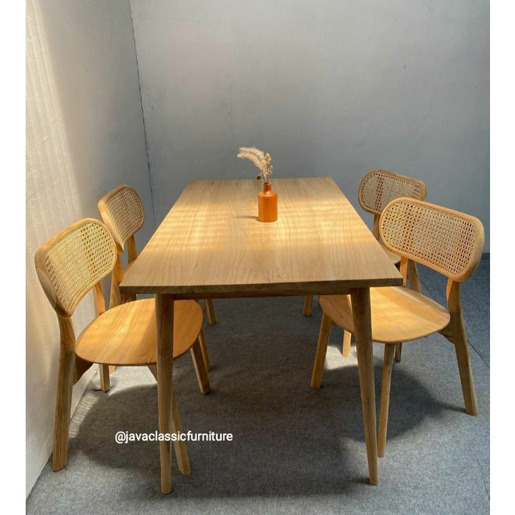 1 SET MEJA MAKAN KURSI ROTAN CAFE MINIMALIS VINTAGE DINNING CHAIR KITCHEN BAHAN KAYU JATI TPK GRADE A FURNITURE MEUBEL JEPARA-3