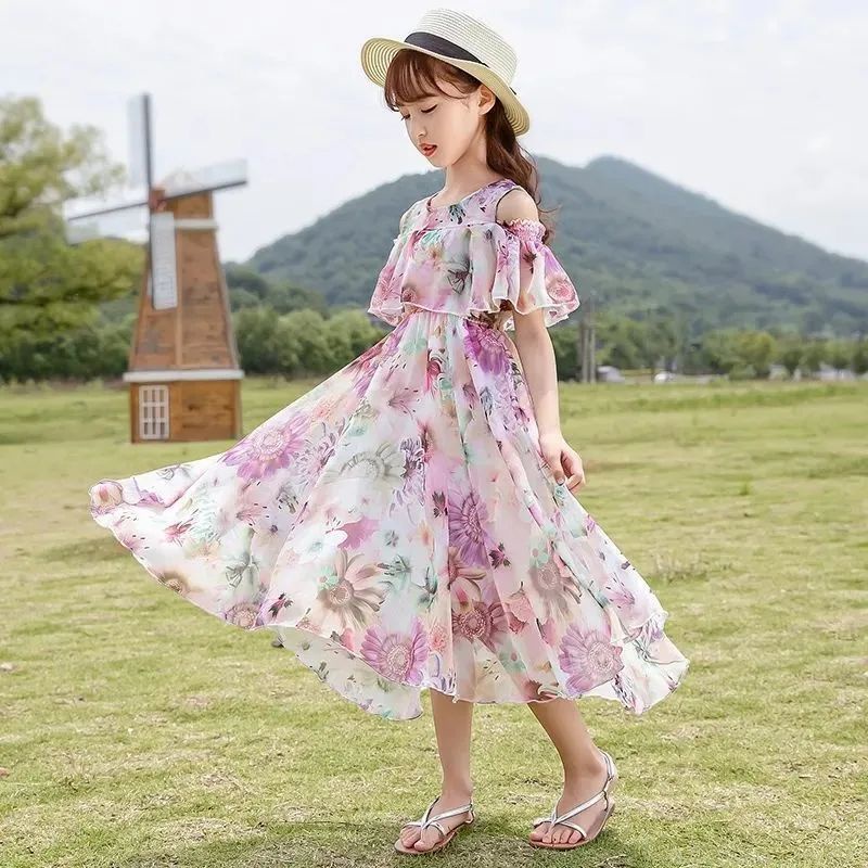 Girls Chiffon Dress summer dress 2021 new Korean version net red foreign style big girls broken flow