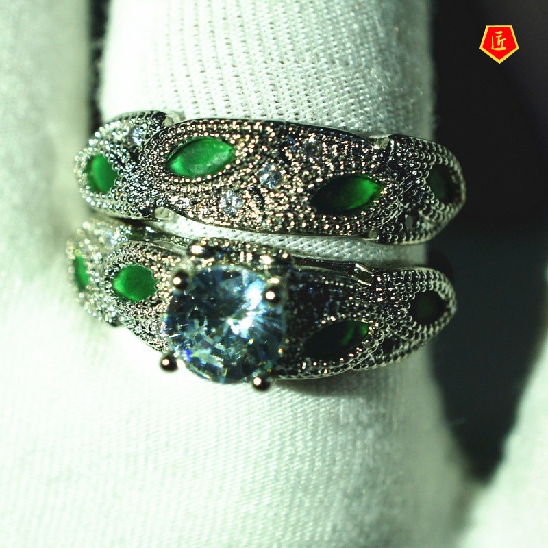 [Ready Stock]Creative Diamond Green Crystal Leaves Ring Set Female