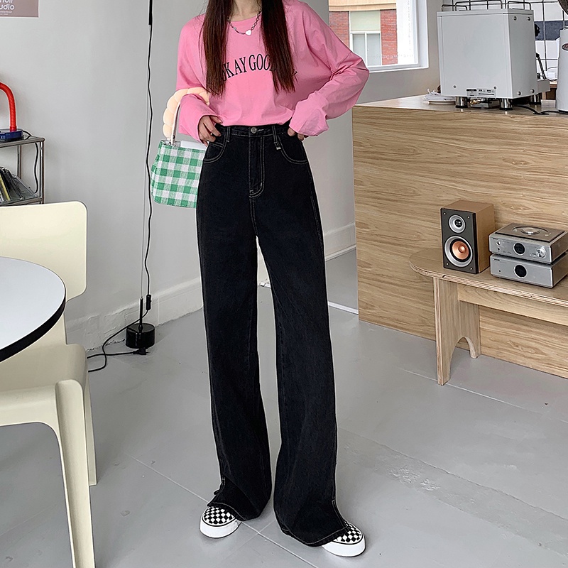 Celana Denim Wanita Loose Jeans High Waist Straight Pants Korea Style