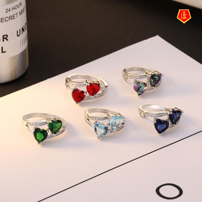 [Ready Stock]Popular Double Love Heart-Shaped Colored Gems Ring S925 Silver